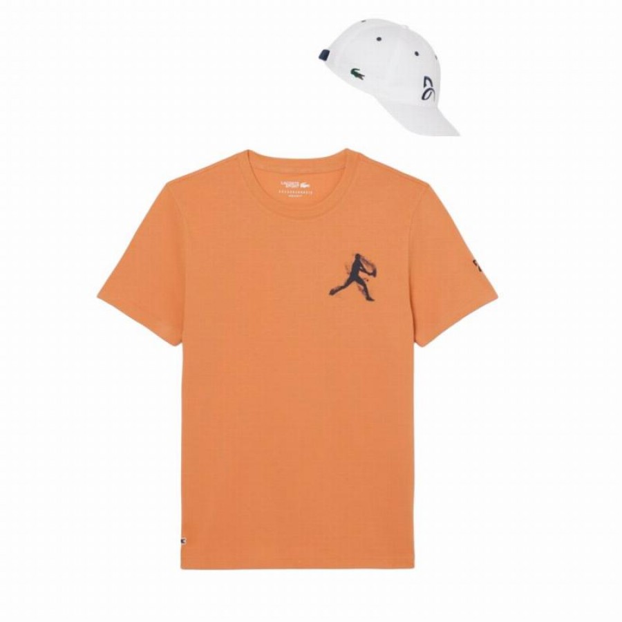 Pack Camiseta Lacoste Novak Djokovic Naranja y Gorra Blanco